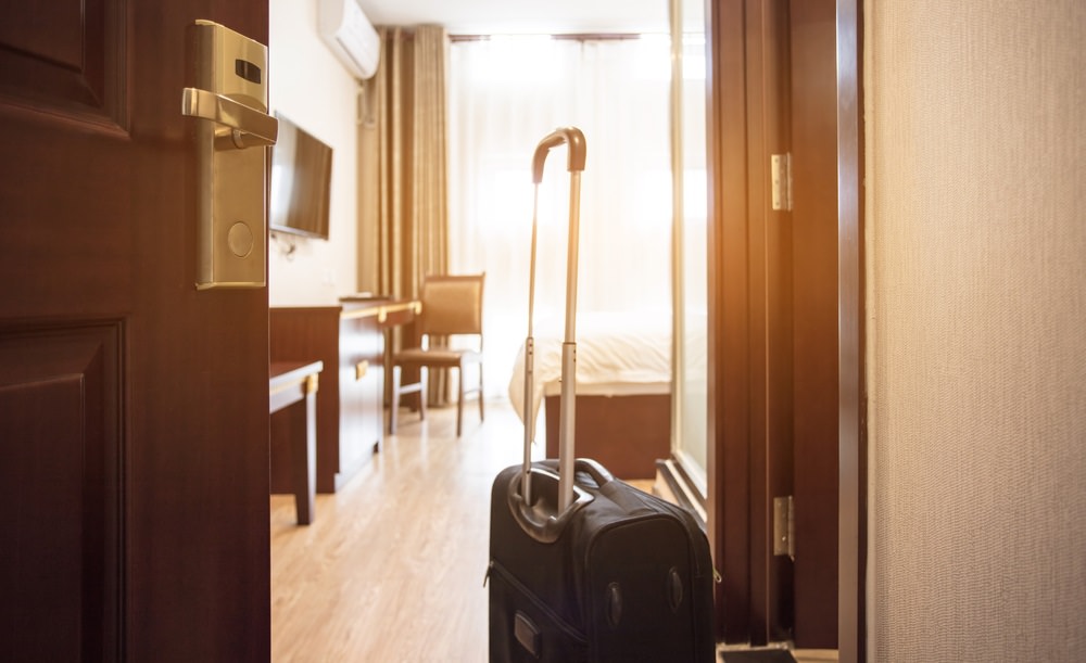 a suitcase in a hotel room