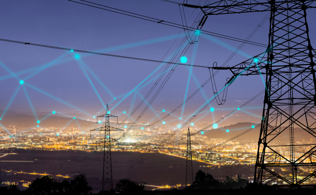 A connected smart grid seamlessly integrated with high-power electricity poles, facilitating efficient energy management