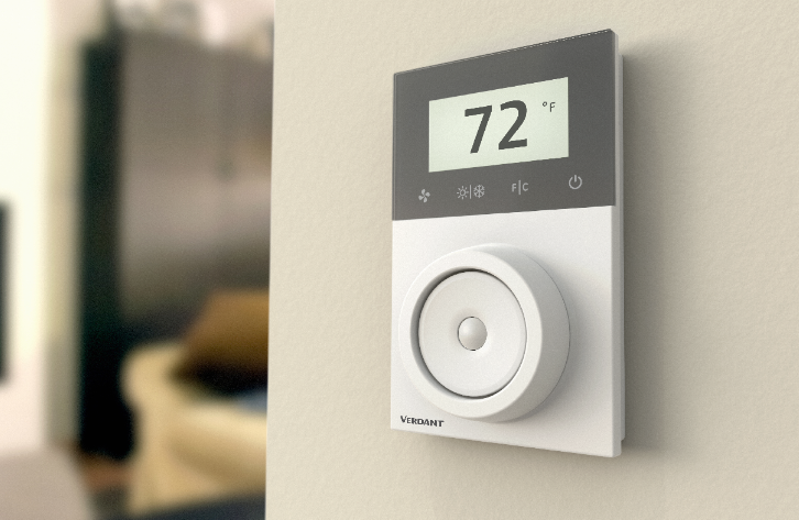 A Verdant ZX smart thermostat installed on a wall with a temperature of 72 Fahrenheit